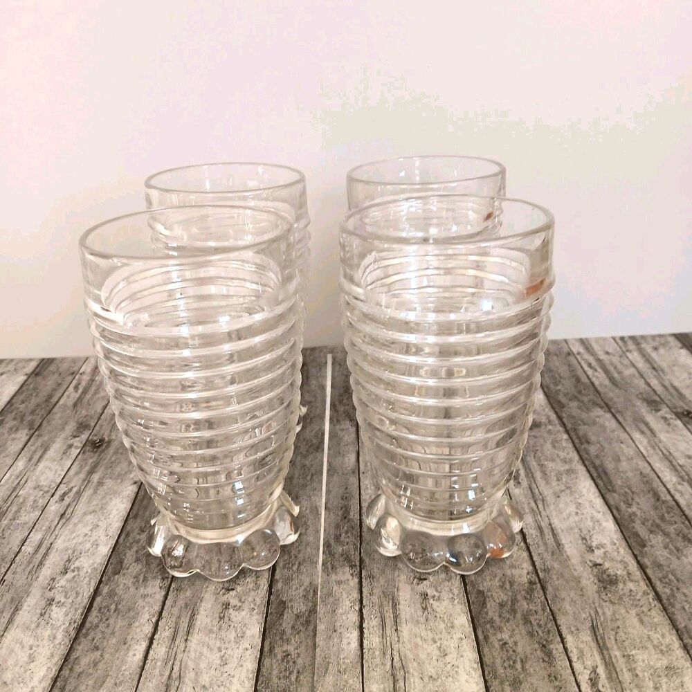 Set Of 4 Vintage Anchor Hocking Coronation Clear Glass Footed Tumblers